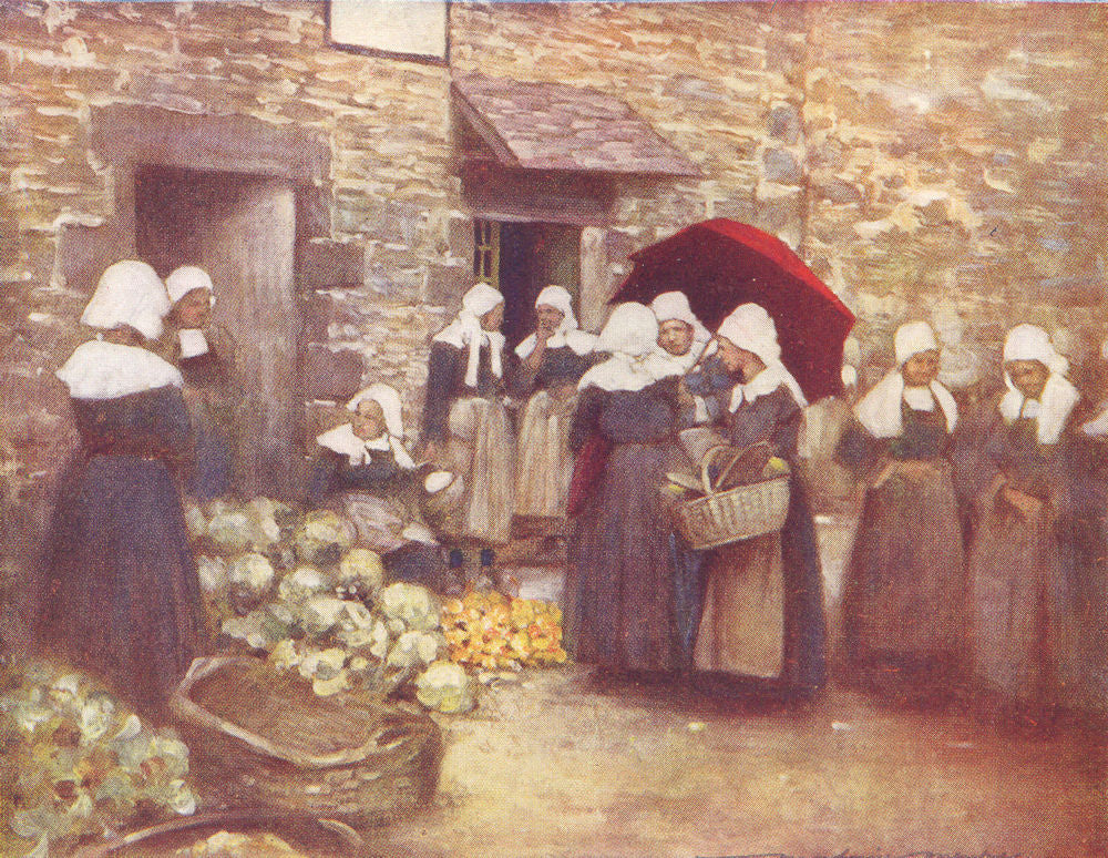 FRANCE. Vegetable market, Brittany 1920 old antique vintage print picture